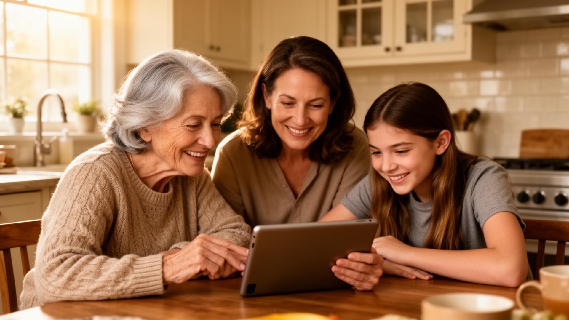 Multigenerational family looking at a tablet together